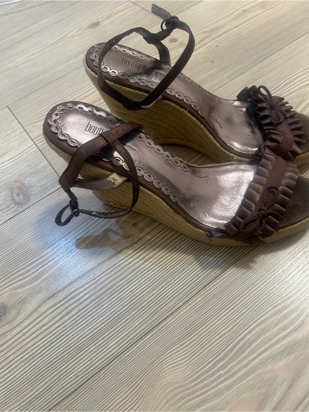Nordstrom Brown Ruffled Espadrille Wedge Sandals with Ankle Strap